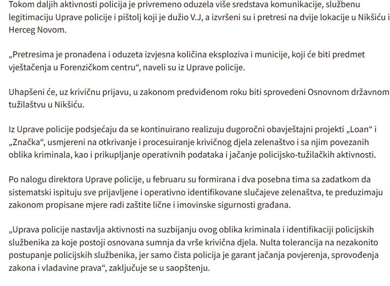 Montenegro-avmp/Uhapsen-policajac-zbog-zelenastva-oduzeti-pistolj-eksploziv-i-municija_2