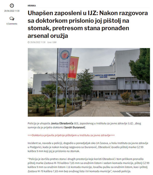 Montenegro-avmp/Uhapsen-zaposleni-u-IJZ_-Nakon-razgovora-sa-doktorkom-prislonio-joj-pistol_1