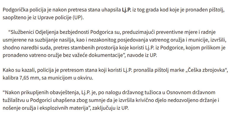 Montenegro-avmp/Uhapsena-Podgoricanka-U-njenom-stanu-pronaden-pistolj