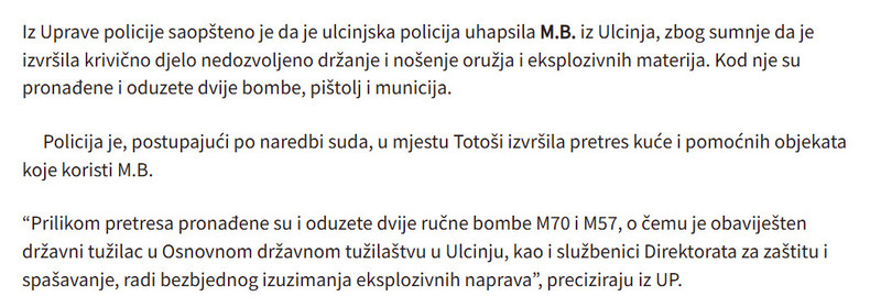 Montenegro-avmp/Uhapsena-Ulcinjanka-pronadene-bombe-pistolj-i-municija_1