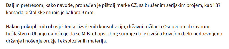 Montenegro-avmp/Uhapsena-Ulcinjanka-pronadene-bombe-pistolj-i-municija_2