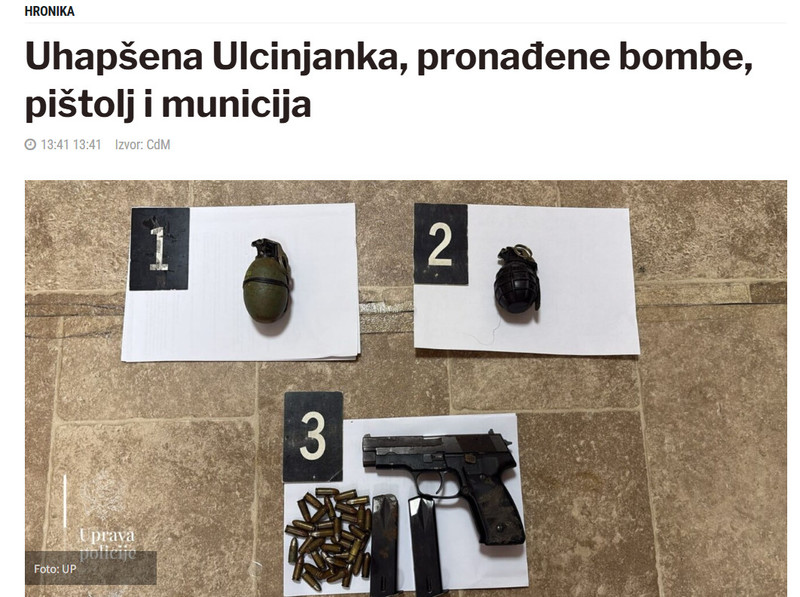 Montenegro-avmp/Uhapsena-Ulcinjanka-pronadene-bombe-pistolj-i-municija