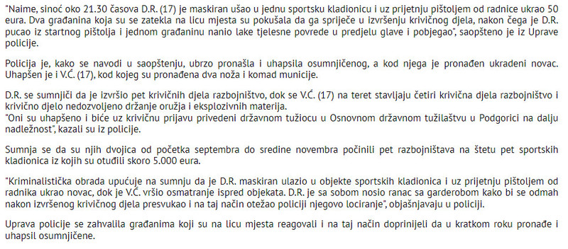 Montenegro-avmp/Uhapsena-dva-maloljetnika-opljackali-pet-kladionica-i-uzeli-5000-eura