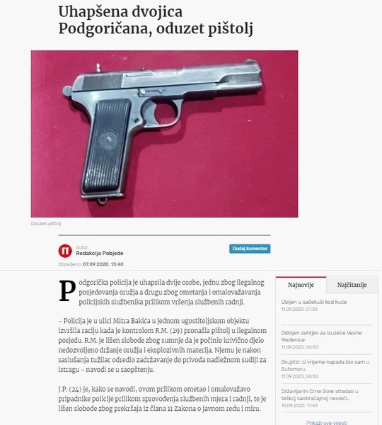 Montenegro-avmp/Uhapsena-dvojica-Podgoricana-oduzet-pistolj