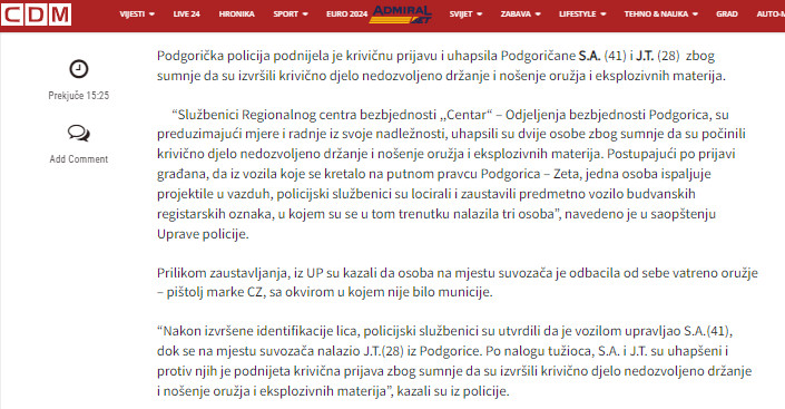 Montenegro-avmp/Uhapsena-dvojica-Podgoricana-zbog-nedozvoljenog-drzanja-oruzja---CdM