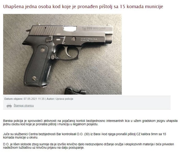 Montenegro-avmp/Uhapsena-jedna-osoba-kod-koje-je-pronaden-pistolj-sa-15-komada-municije