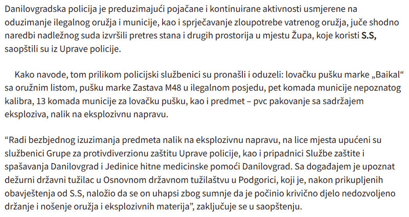 Montenegro-avmp/Uhapsena-jedna-osoba-oduzeto-oruzje-municija-i-eksploziv