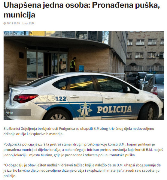 Montenegro-avmp/Uhapsena-jedna-osoba-pronadjena-puska-municija