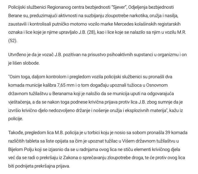 Montenegro-avmp/Uhapsena-jedna-osoba-u-Beranama_-Vozio-drogiran-policija-pronasla-i-munici_1