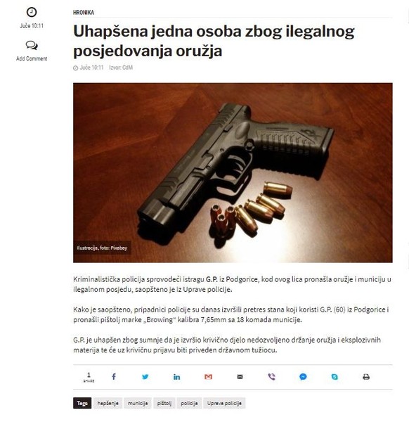 Montenegro-avmp/Uhapsena-jedna-osoba-zbog-ilegalnog-posjedovanja-oruzja