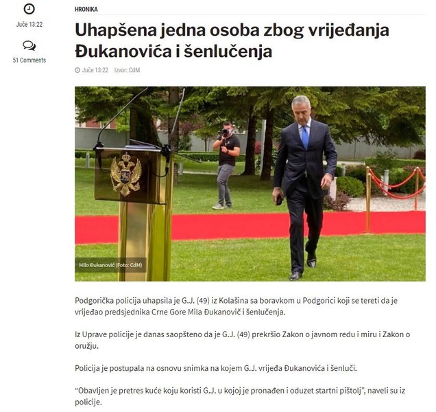 Montenegro-avmp/Uhapsena-jedna-osoba-zbog-vrijedanja-Dukanovica-i-senlucenja