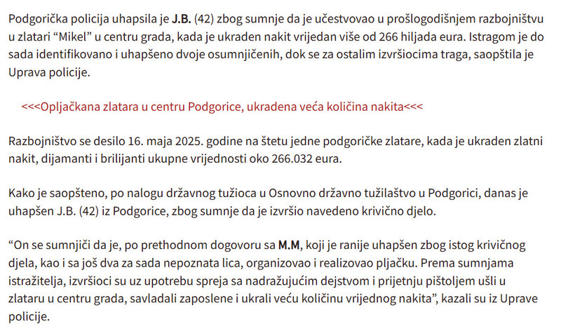 Montenegro-avmp/Uhapsena-jos-jedna-osoba-umijesana-u-pljacku-zlatare-Mikel