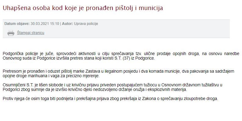 Montenegro-avmp/Uhapsena-osoba-kod-koje-je-pronaden-pistolj-i-municija