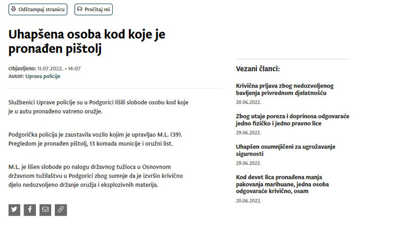 Montenegro-avmp/Uhapsena-osoba-kod-koje-je-pronaden-pistolj_1
