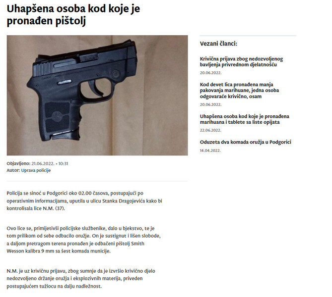 Montenegro-avmp/Uhapsena-osoba-kod-koje-je-pronaden-pistolj