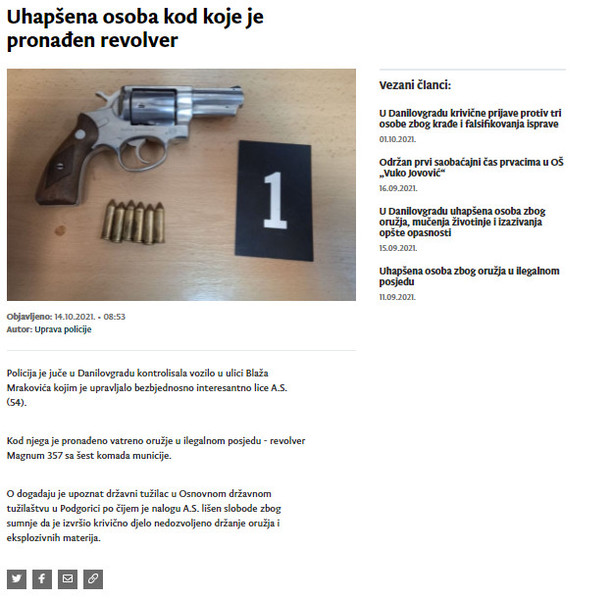 Montenegro-avmp/Uhapsena-osoba-kod-koje-je-pronaden-revolver