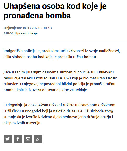 Montenegro-avmp/Uhapsena-osoba-kod-koje-je-pronadena-bomba