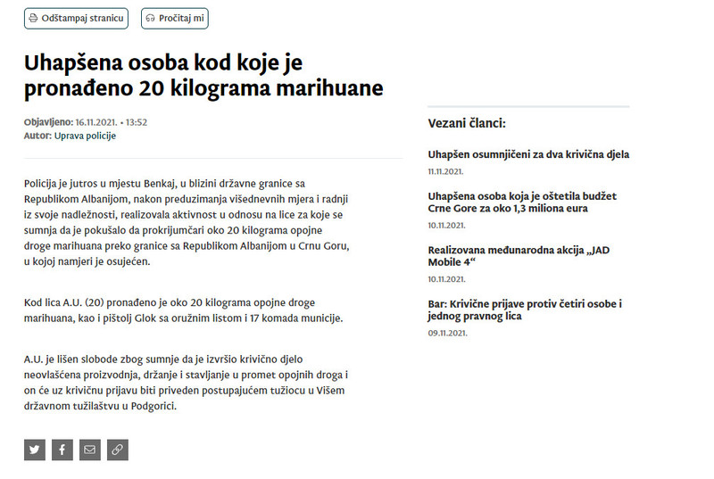 Montenegro-avmp/Uhapsena-osoba-kod-koje-je-pronadeno-20-kilograma-marihuane