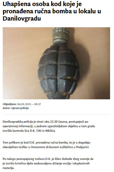 Montenegro-avmp/Uhapsena-osoba-kod-koje-je-pronadjena-rucna-bomba