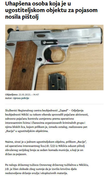 Montenegro-avmp/Uhapsena-osoba-koja-je-u-ugostiteljskom-objektu-za-pojasom-nosila-pistolj