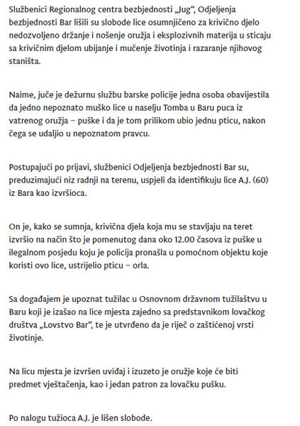 Montenegro-avmp/Uhapsena-osoba-koja-je-ubila-zasticenu-vrstu-ptice-u-Baru