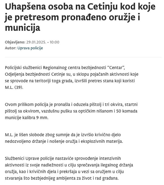 Montenegro-avmp/Uhapsena-osoba-na-Cetinju-kod-koje-je-pretresom-pronadeno-oruzje-i-municij