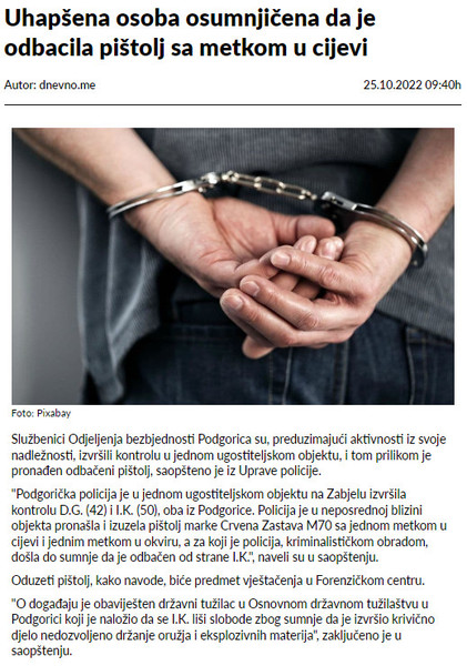 Montenegro-avmp/Uhapsena-osoba-osumnjicena-da-je-odbacila-pistolj-sa-metkom-u-cijevi