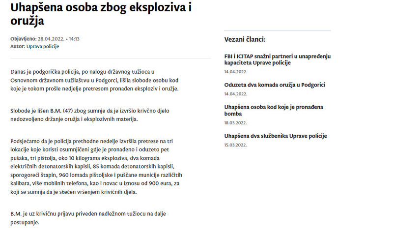 Montenegro-avmp/Uhapsena-osoba-zbog-eksploziva-i-oruzja