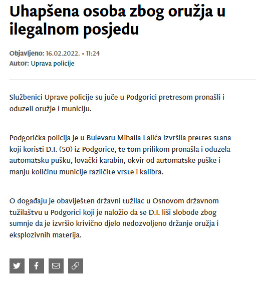 Montenegro-avmp/Uhapsena-osoba-zbog-oruzja-u-ilegalnom-posjedu_1