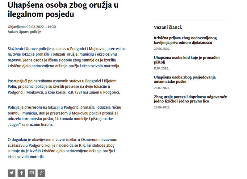 Montenegro-avmp/Uhapsena-osoba-zbog-oruzja-u-ilegalnom-posjedu_2
