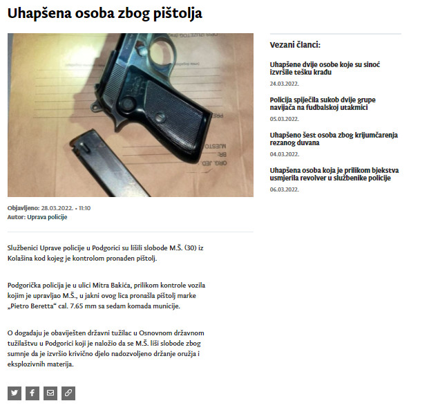 Montenegro-avmp/Uhapsena-osoba-zbog-pistolja