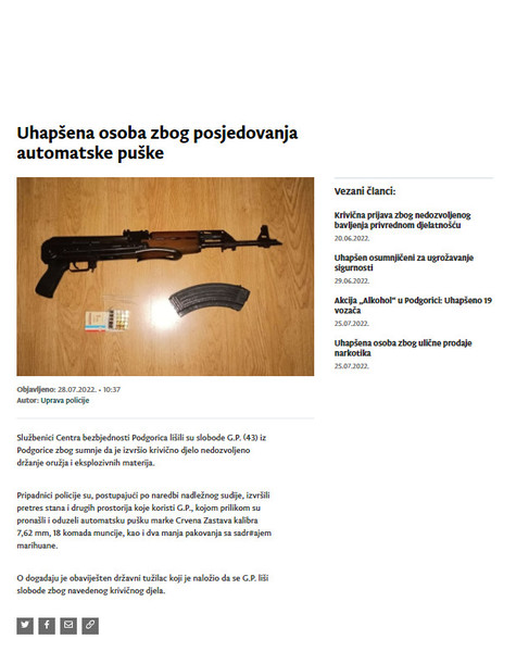 Montenegro-avmp/Uhapsena-osoba-zbog-posjedovanja-automatske-puske