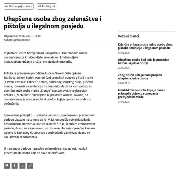 Montenegro-avmp/Uhapsena-osoba-zbog-zelenastva-i-pistolja-u-ilegalnom-posjedu