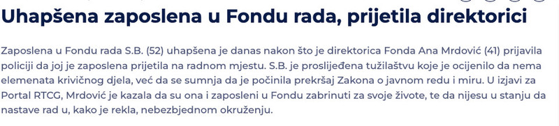 Montenegro-avmp/Uhapsena-zaposlena-u-Fondu-rada-prijetila-direktorici-__-Hronika-__-RTCG--