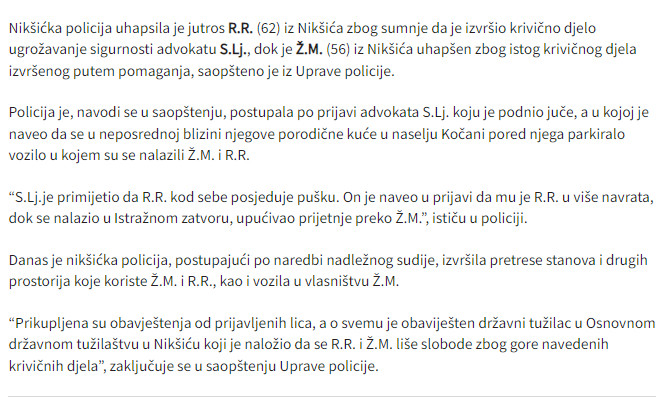 Montenegro-avmp/Uhapsene-dve-osobe-zbog-ugrozavanja-sigurnosti-advokata