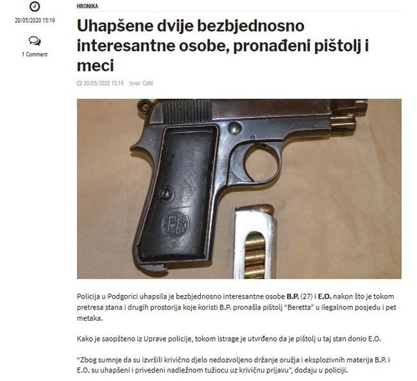 Montenegro-avmp/Uhapsene-dvije-bezbjednosno-interesantne-osobe-pronadjeni-pistolj-i-meci