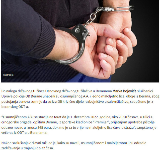 Montenegro-avmp/Uhapsene-dvije-osobe-Beranac-osumnjicen-da-je-opljackao-kladionicu-dok-mu-