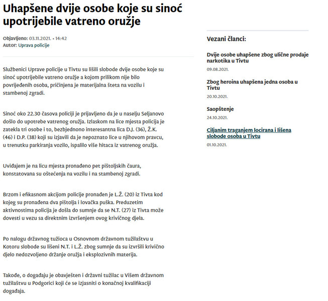 Montenegro-avmp/Uhapsene-dvije-osobe-koje-su-sinoc-upotrijebile-vatreno-oruzje