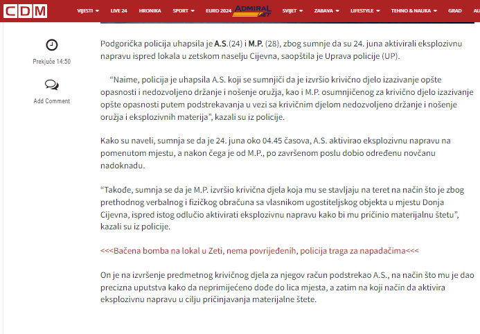Montenegro-avmp/Uhapsene-dvije-osobe-osumnjicene-za-aktiviranje-eksplozivne-naprave-ispred
