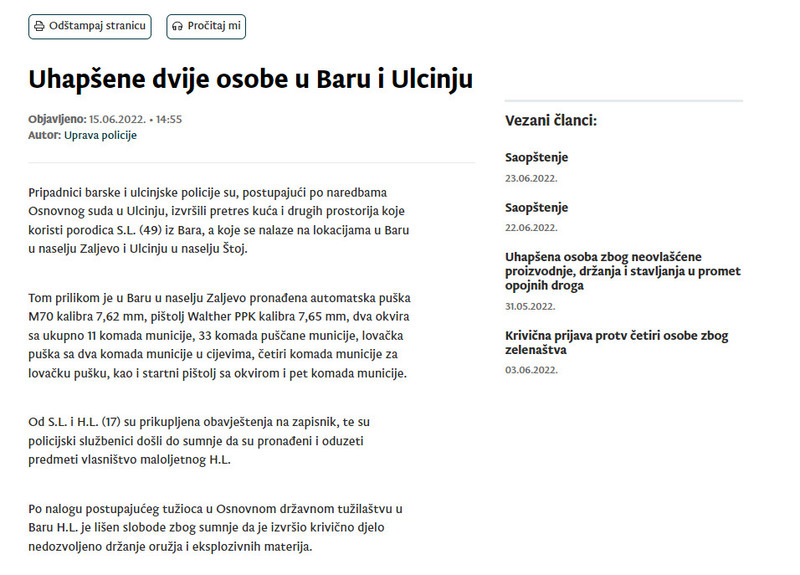 Montenegro-avmp/Uhapsene-dvije-osobe-u-Baru-i-Ulcinju