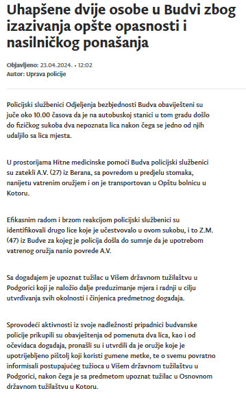 Montenegro-avmp/Uhapsene-dvije-osobe-u-Budvi-zbog-izazivanja-opste-opasnosti-i-nasilnickog