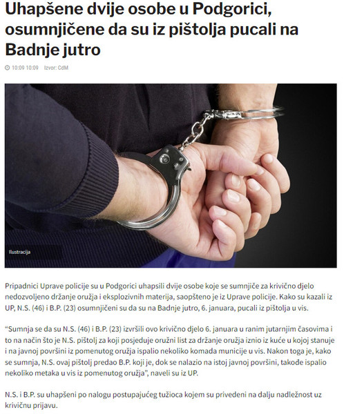Montenegro-avmp/Uhapsene-dvije-osobe-u-Podgorici-osumnjicene-da-su-iz-pistolja-pucali-na-B