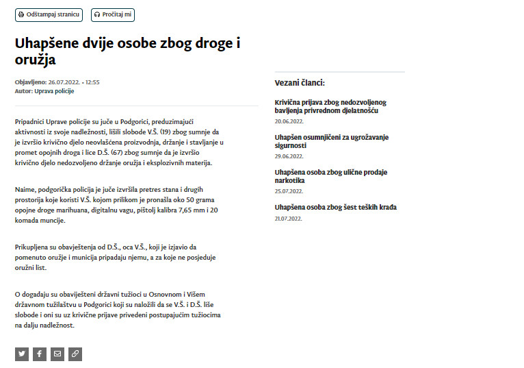 Montenegro-avmp/Uhapsene-dvije-osobe-zbog-droge-i-oruzja