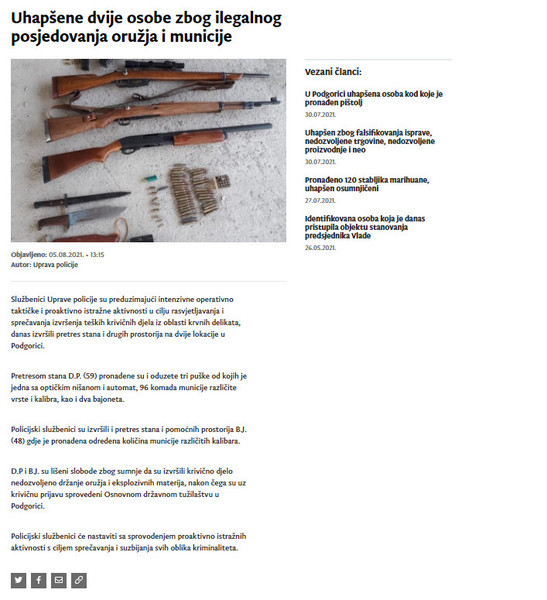 Montenegro-avmp/Uhapsene-dvije-osobe-zbog-ilegalnog-posjedovanja-oruzja-i-municije