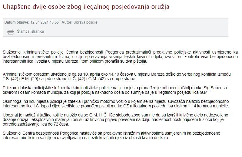 Montenegro-avmp/Uhapsene-dvije-osobe-zbog-ilegalnog-posjedovanja-oruzja
