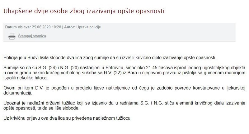 Montenegro-avmp/Uhapsene-dvije-osobe-zbog-izazivanja-opste-opasnosti