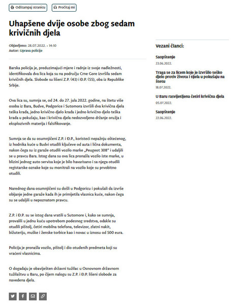 Montenegro-avmp/Uhapsene-dvije-osobe-zbog-sedam-krivicnih-djela