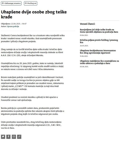 Montenegro-avmp/Uhapsene-dvije-osobe-zbog-teske-krade
