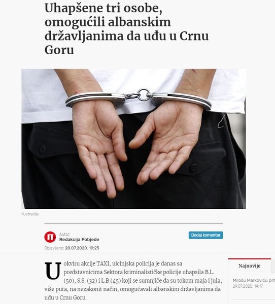 Montenegro-avmp/Uhapsene-tri-osobe-omogucili-albanskim-drzavljanima-da-udu-u-Crnu-Goru