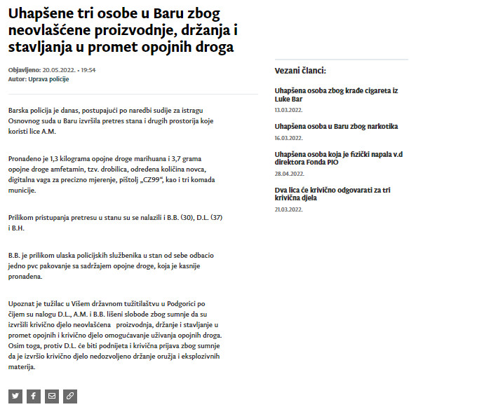 Montenegro-avmp/Uhapsene-tri-osobe-u-Baru-zbog-neovlascene-proizvodnje-drzanja-i-stavljanj